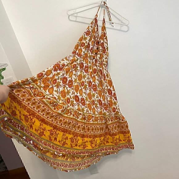 SHEIN White Orange Mustard Floral Border Print Boho Halter Dress ALTERED STRAPS - Picture 8 of 16